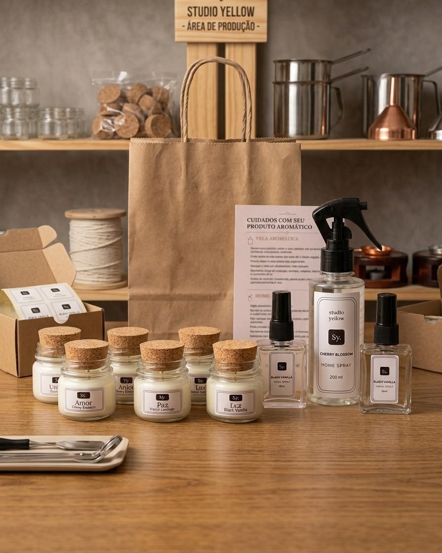 Área de produção do Studio Yellow com velas, home sprays, sacolas kraft e cartões de cuidados