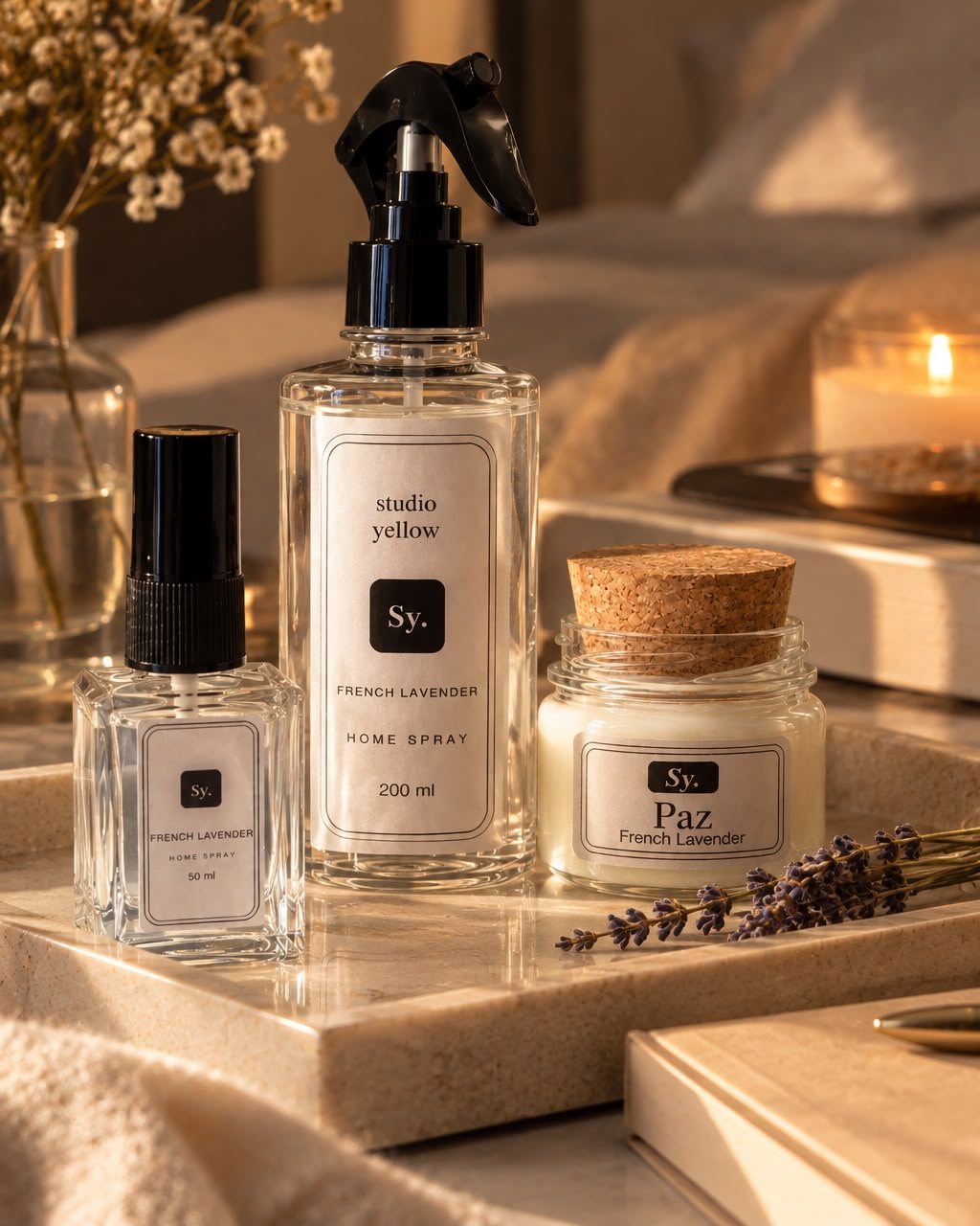 Vela Paz e home sprays French Lavender de 200 ml e 50 ml do Studio Yellow sobre mármore, em luz de fim de tarde